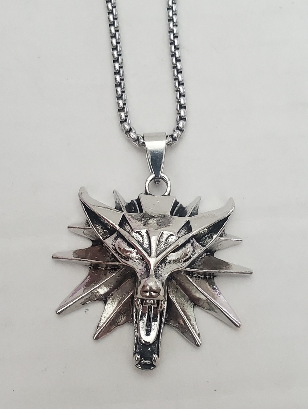 Silver Tone Metal Witcher Wolf Head Pendant